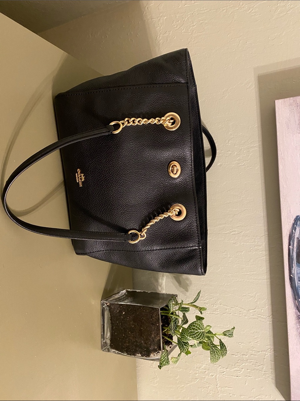 Coach Black Pebbled Leather Tote with Gold Chain Handles
